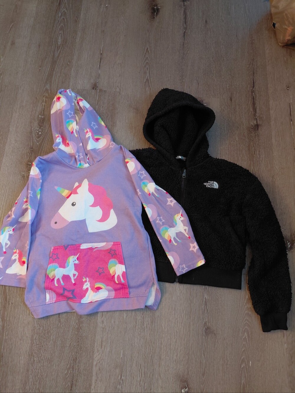 The North Face Kids Black Fuzzy Zip Hoodie & Sunshine Swing Unicorn Hoodie Sz 10